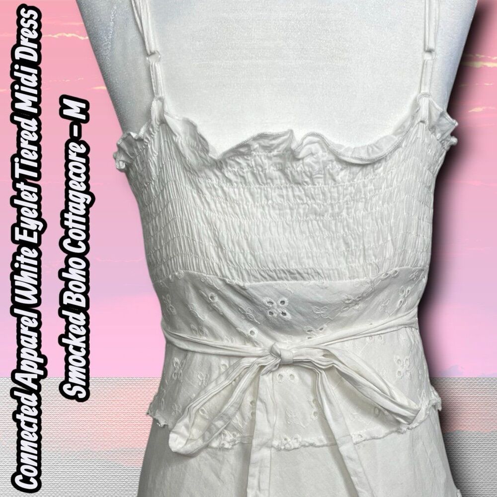 Like New Connected Apparel White Eyelet Tiered Midi Dress Smocked Boho Cottageco - Picture 6 of 9